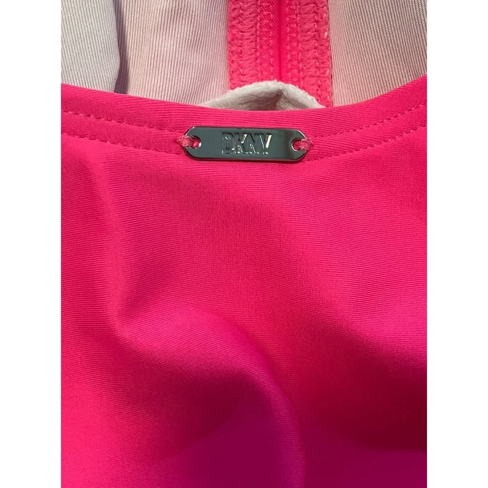 NWT DKNY Ruffle Plunge Underwire Tummy Control One-Piece Swimsuit Sz 8 Neon Pink - Picture 6 of 7